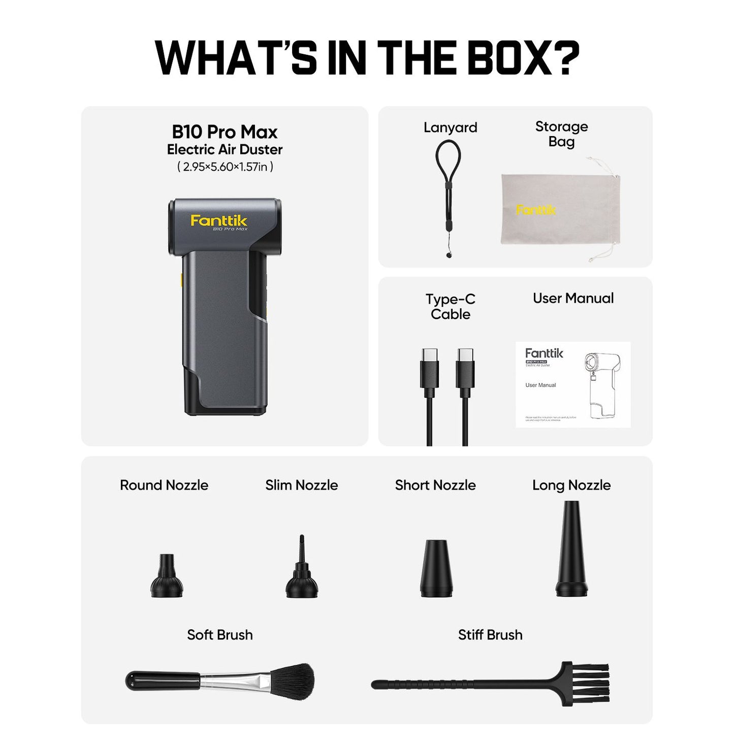 Product packaging list with Fanttik B10 Pro Max Electric Air Duster and accessories on a white background.