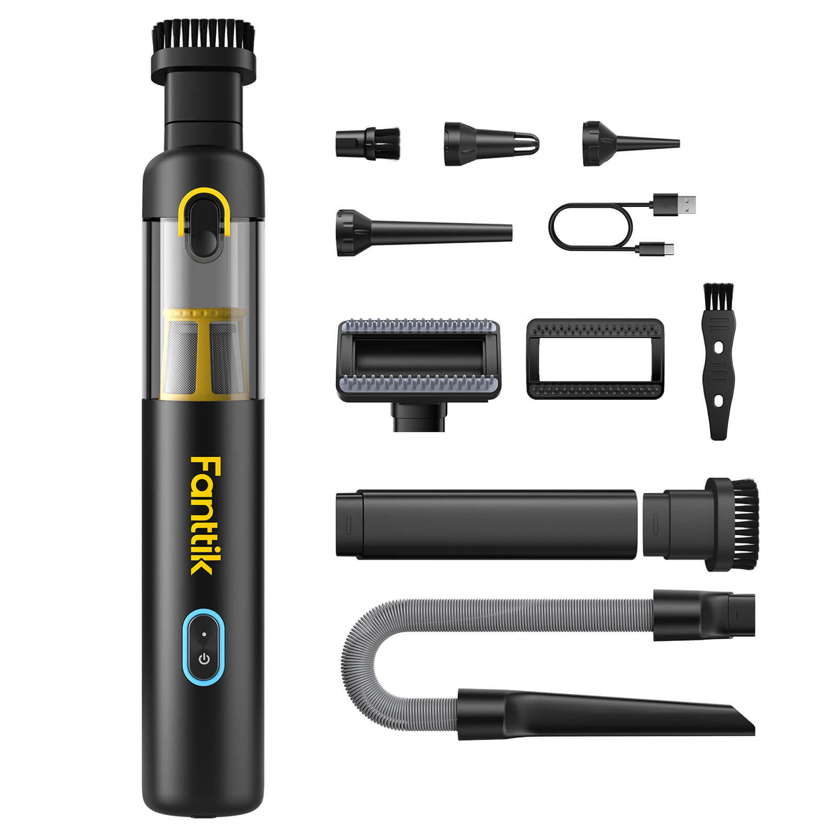 Fantik vacuum cleaner with various attachments on a white background