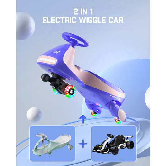 2-in-1 electric wiggle car with toy car and scooter attachments on a blue background