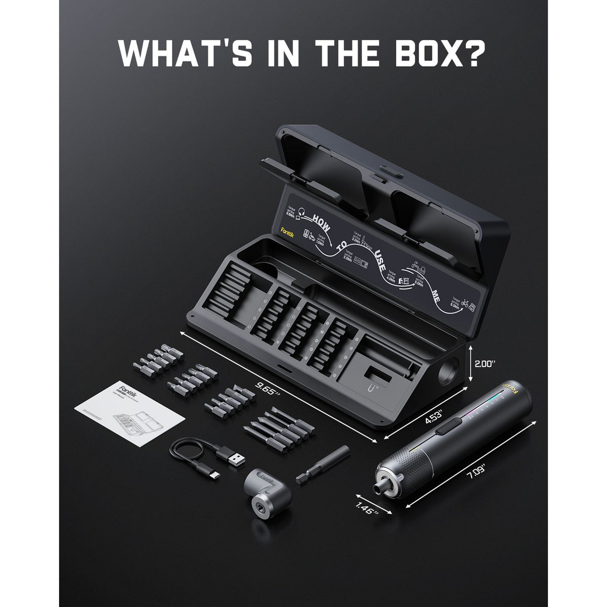 Black toolbox with various tools and components on a black background