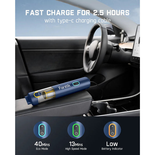Fanttik car vacuum could fast charge for 2.5 hours with type-c charging cable.