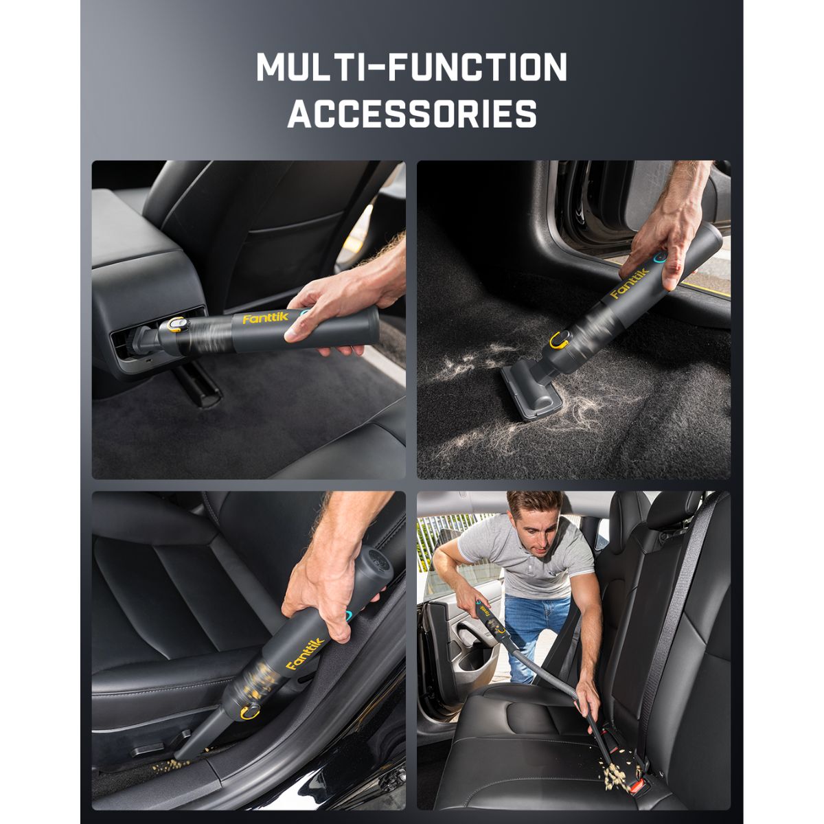 Multi-function car cleaning accessory being used to clean a car seat.
