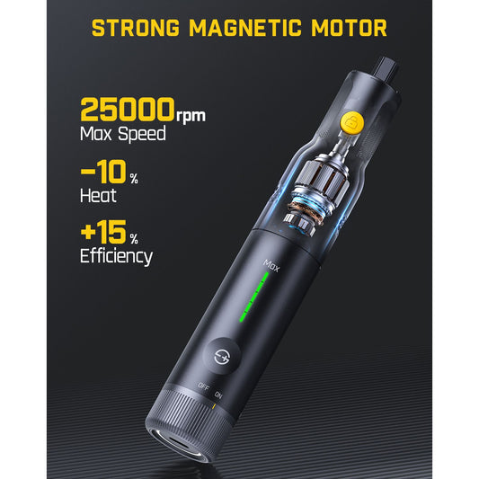 Black rotary tool with text highlighting strong magnetic motor