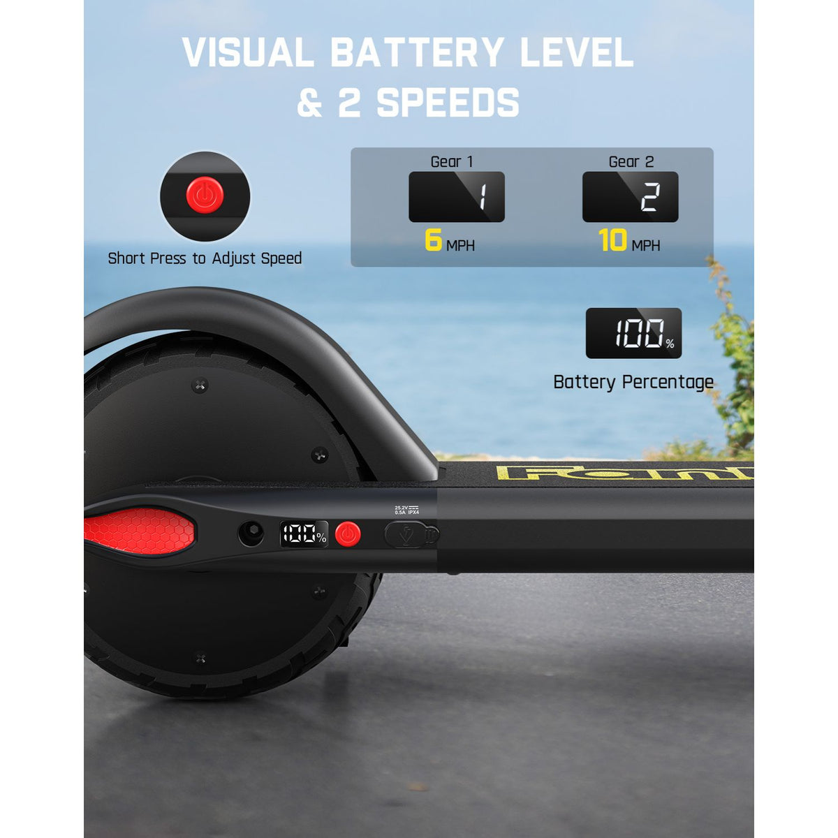 Electric scooter with digital display showing battery level and speeds against a blurred outdoor background