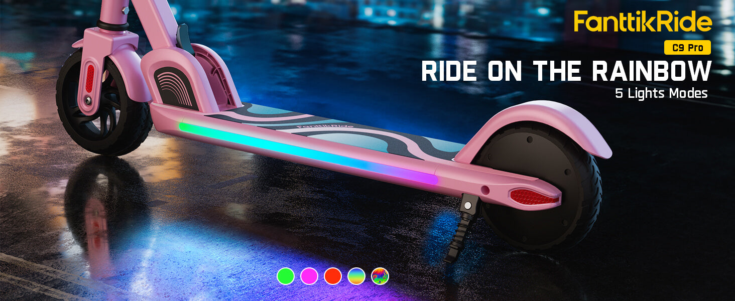 FantikRide C9 pro electric scooter with colorful lights on a reflective surface at night.