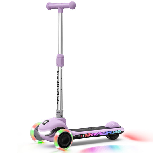 Purple children's scooter with rainbow wheels on a white background