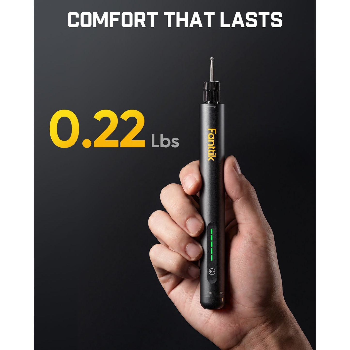 Hand holding a Fanttik F2 Master Kit Cordless Rotary Tool against a dark background with text 'Comfort That Lasts' and '0.22 Lbs'.
