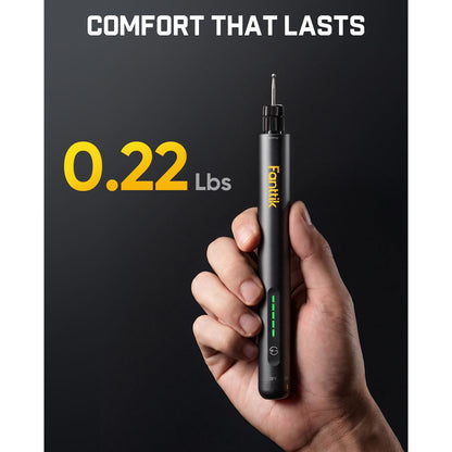 Hand holding a Fanttik F2 Master Kit Cordless Rotary Tool against a dark background with text 'Comfort That Lasts' and '0.22 Lbs'.