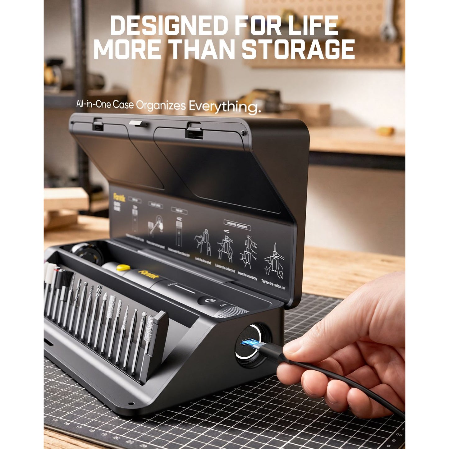 All-in-one case being used on a workbench with text 'Designed for life more than storage'.