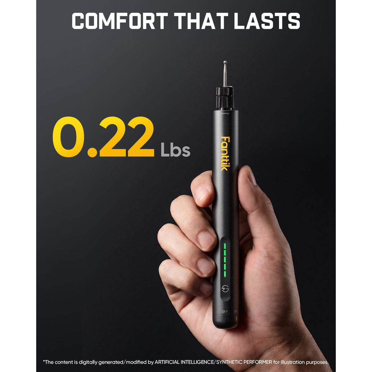 A hand holding Fanttik F2 Master against a dark background with text reading 'COMFORT THAT LASTS' and '0.22 Lbs'. 