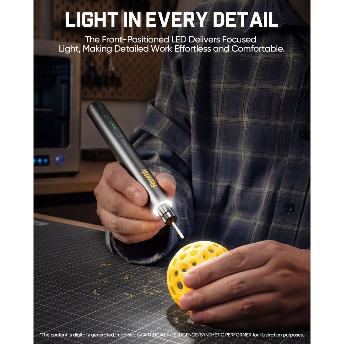 A person holds fanttik F2 Master rotary tool while shining a focused light onto a yellow perforated sphere on a work surface. Large text at the top reads 'LIGHT IN EVERY DETAIL' with descriptive copy about the front-positioned LED delivering focused light.