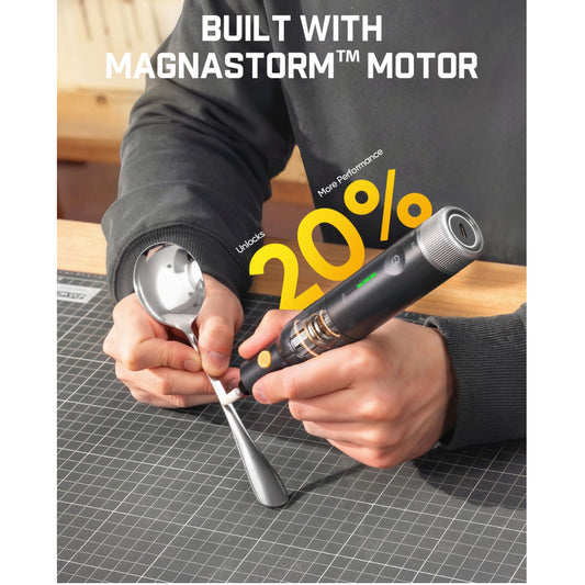 Person using a Fanttik F2 Pro Kit Cordless Rotary Tool with 'MAGNASTORM™ MOTOR' text and '20%' performance increase on a grid background.