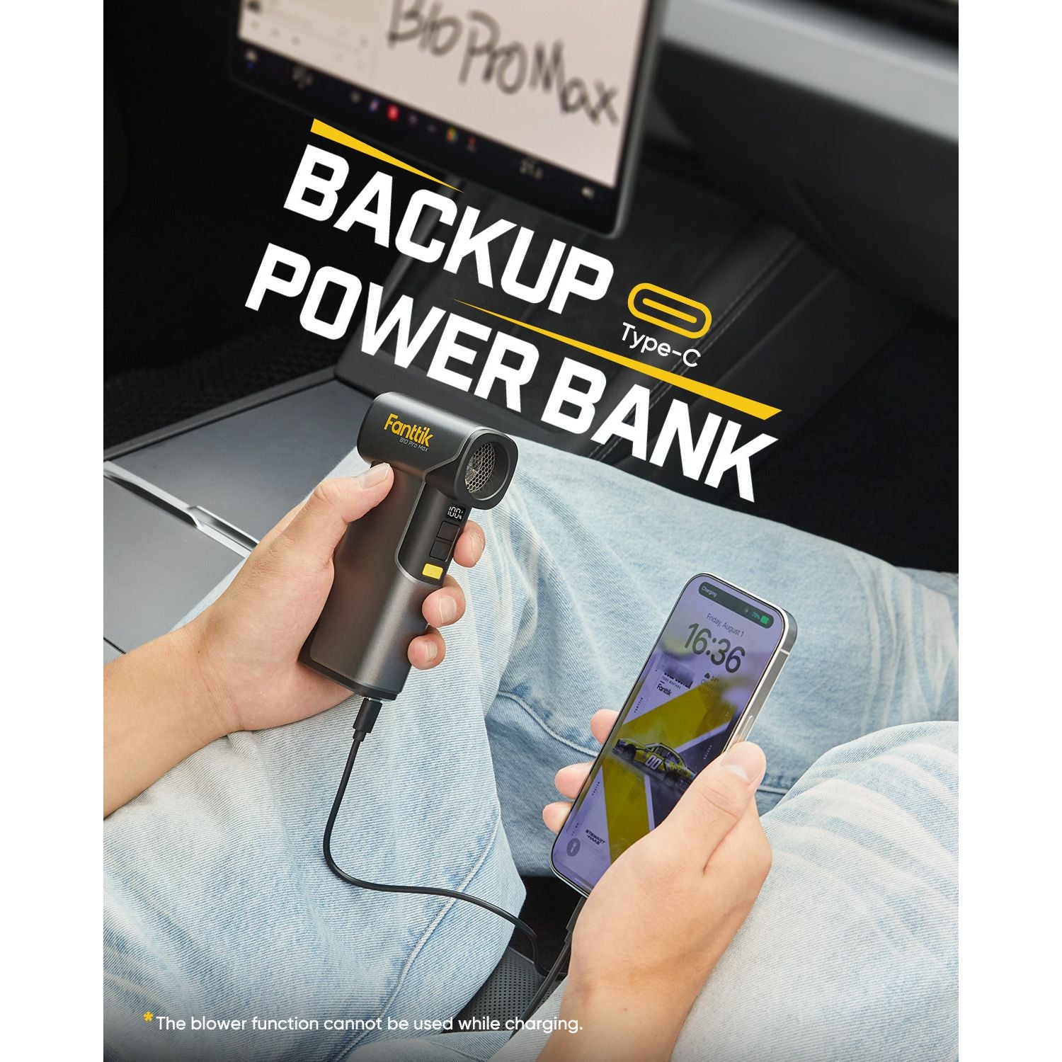 Person using a Fanttik B10 Pro Max Electric Air Duster to charge a smartphone with text 'Backup Power Bank Type-C' displayed.