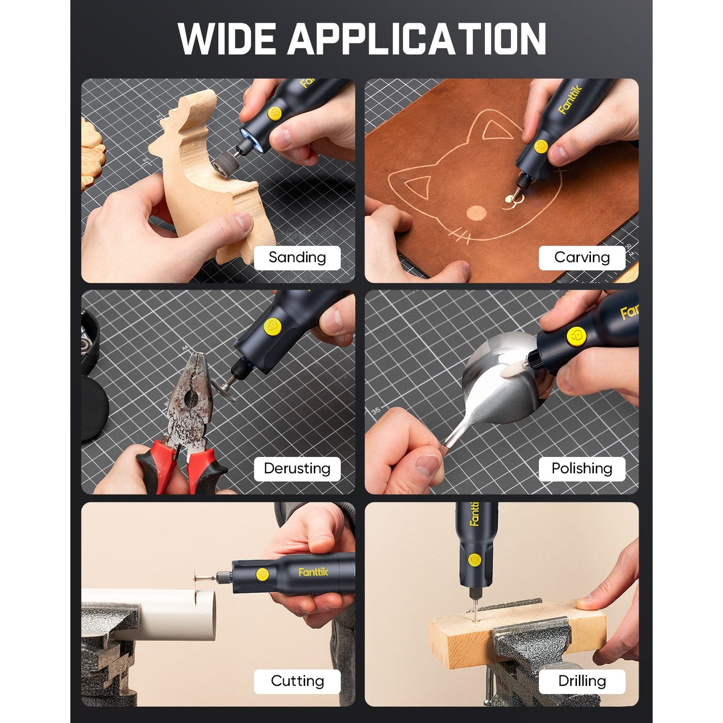 Demonstration of Fanttik F2 Pro Kit Cordless Rotary Tool's versatility in various applications including sanding, carving, derusting, polishing, cutting, and drilling.
