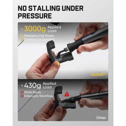 Promotional comparison graphic for a handheld sanding tool, showing two panels labeled 'NO STALLING UNDER PRESSURE' and 'Other.' The top panel demonstrates Fanttik Pix 3 Master Electric Detail Sander working under 3000g applied load, while the bottom panel shows it stalling under 430g.