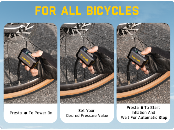 Instructions on using a bicycle pump with Presta valve on a blue background
