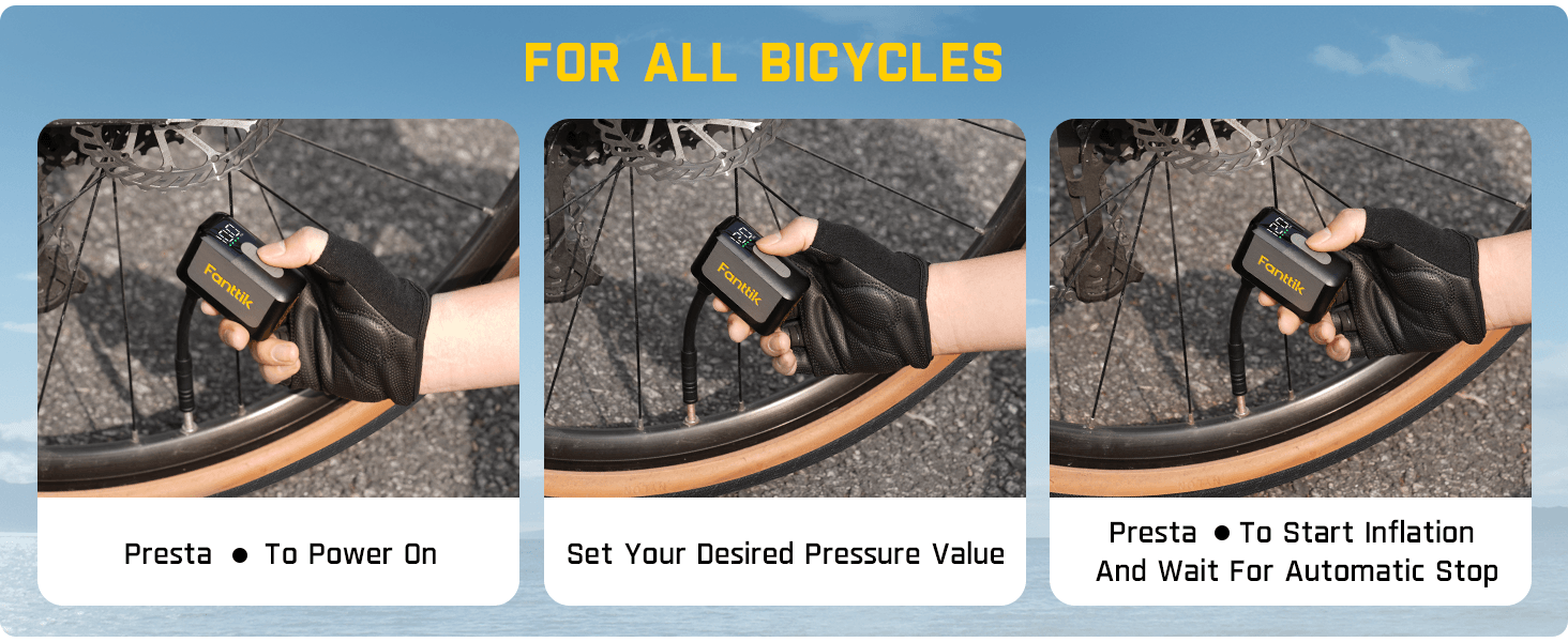 Instructions on using a bicycle pump with Presta valve on a blue background