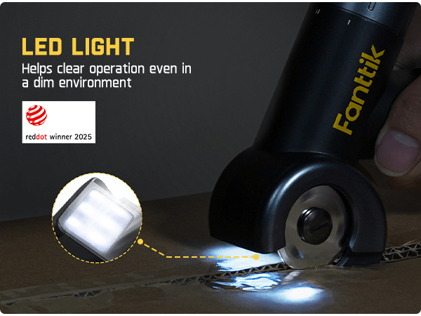 Fanttik electric scissors with LED light feature, highlighting its effectiveness in low-light conditions.