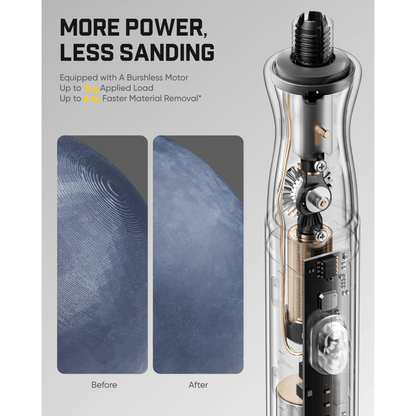Promotional graphic for a transparent cylindrical product showing internal gears and components, with marketing text reading 'MORE POWER, LESS SANDING' and before/after texture comparison panels on a light gray background.