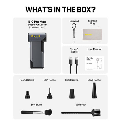 Product packaging list with Fanttik B10 Pro Max Electric Air Duster and accessories on a white background.