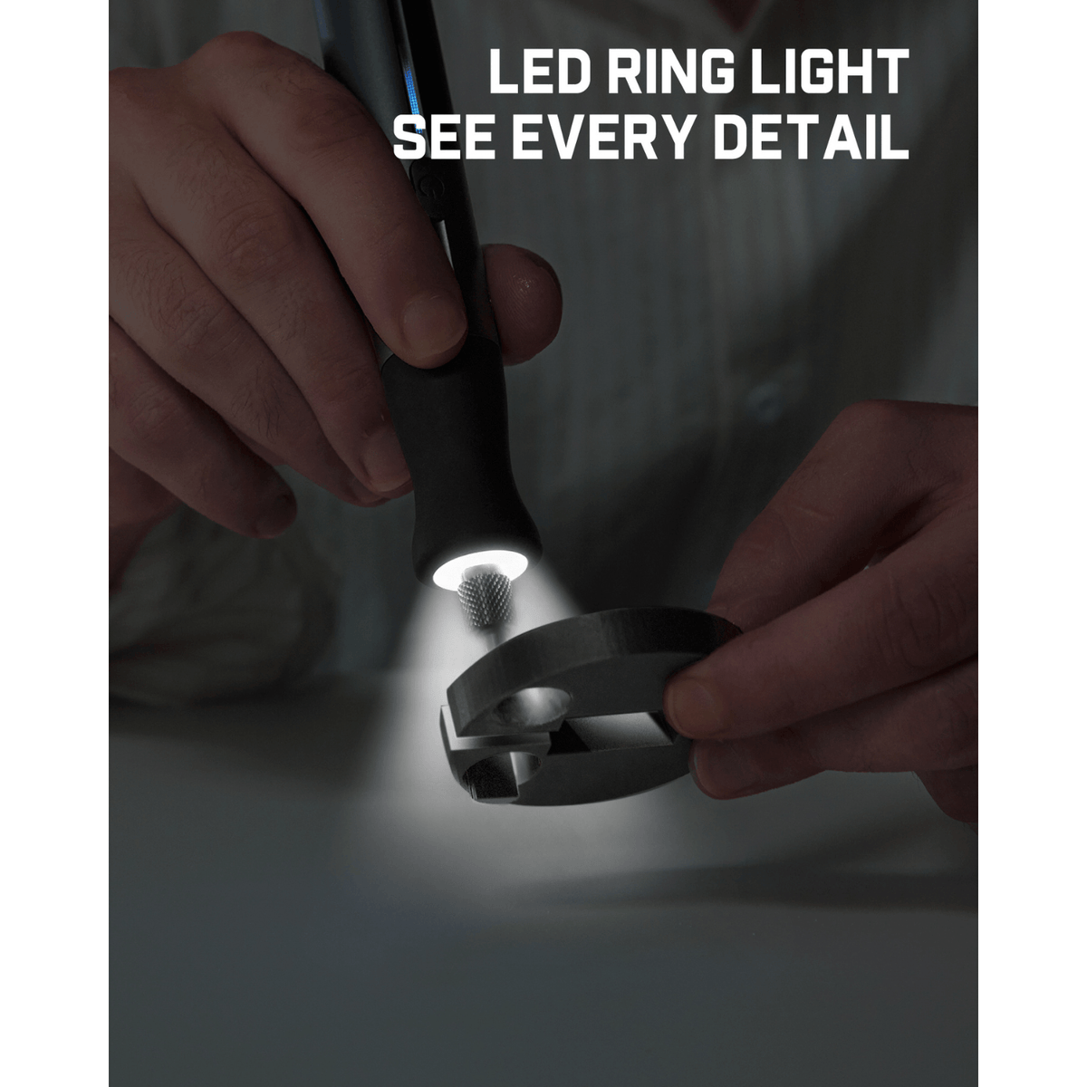 A close-up of a person using aFanttik Pix 3 Master Electric Detail Sander
with ring light to illuminate a metal gasket or hardware piece, with the text 'LED RING LIGHT SEE EVERY DETAIL' overlaid at the top.