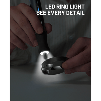 A close-up of a person using aFanttik Pix 3 Master Electric Detail Sander
with ring light to illuminate a metal gasket or hardware piece, with the text 'LED RING LIGHT SEE EVERY DETAIL' overlaid at the top.