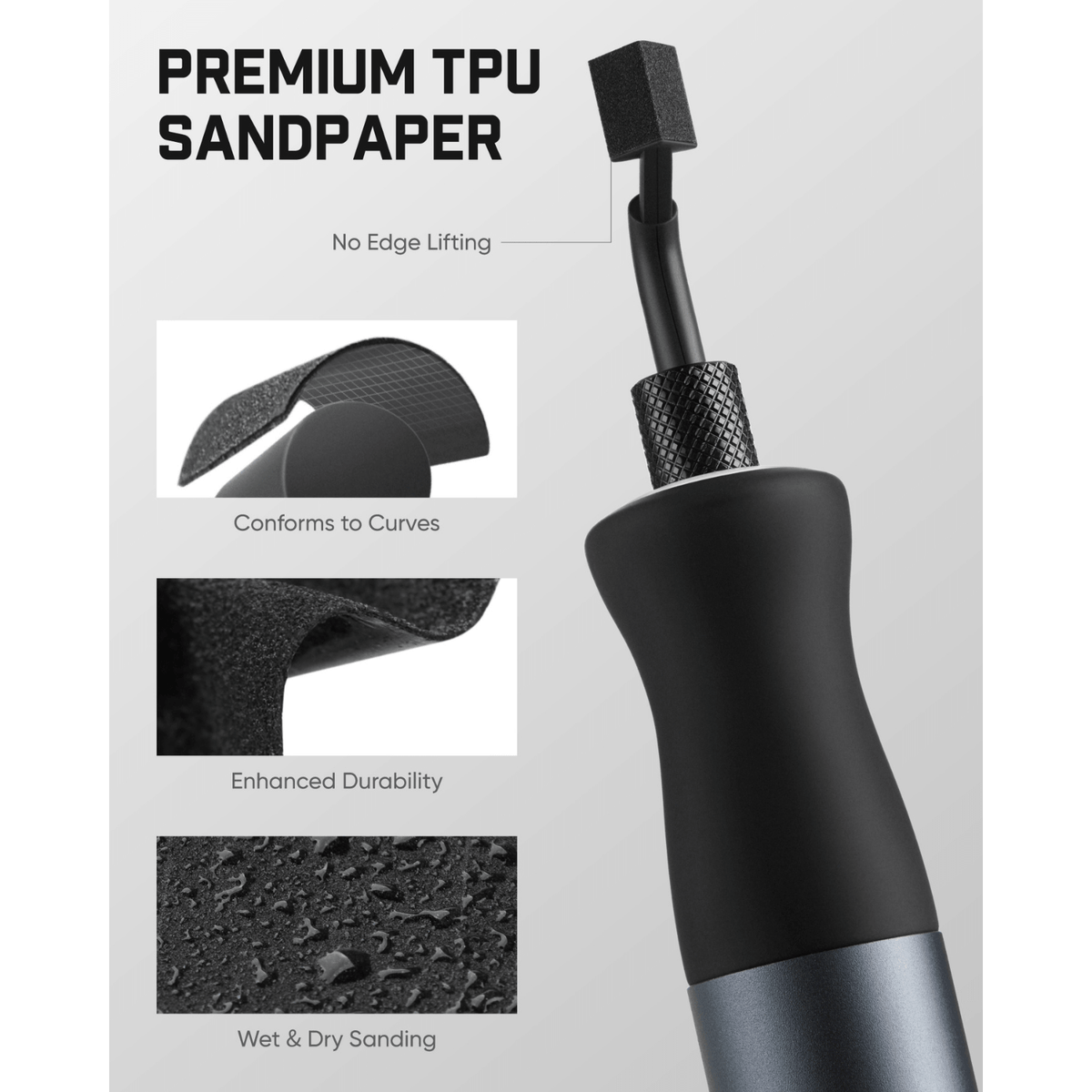 A close-up of a black TPU sanding block with a textured handle, shown alongside feature callouts and inset images highlighting premium TPU sandpaper properties such as no edge lifting, conforming to curves, enhanced durability, and wet/dry sanding.