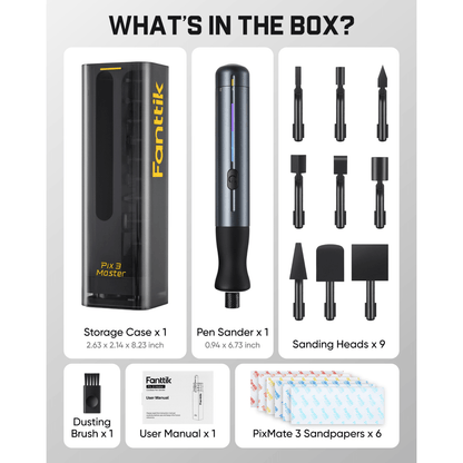 A product box contents graphic for the Fanttik Pix Master Electric Detail Sander, showing the black storage case, pen sander, nine sanding heads, a dusting brush, user manual, and six PixMatte 3 sandpapers on a light gray background with the heading 'WHAT'S IN THE BOX?'.