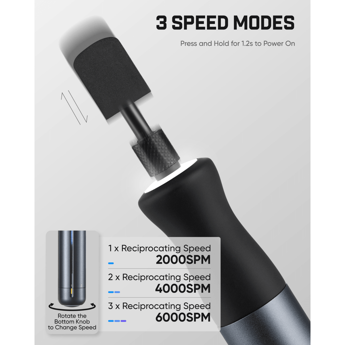 Product information graphic for Fanttik Pix 3 Master Electric Detail Sander attachment showing three speed modes, with a black and dark gray brush head, a power-on instruction, and RPM speeds 2000, 4000, and 6000.