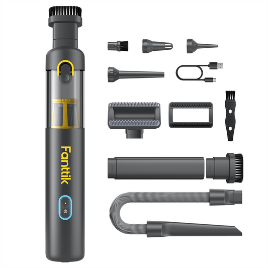 Fanttik handheld vacuum cleaner with various attachments on a white background