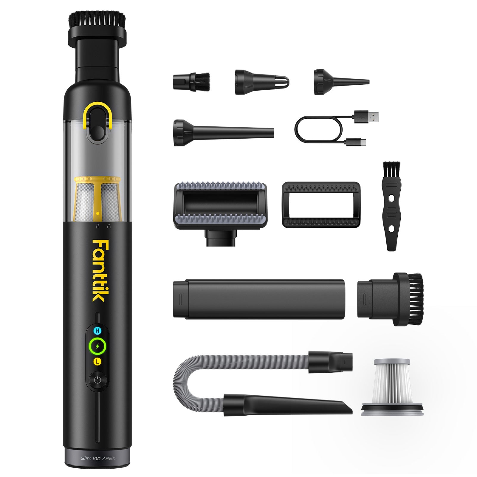 Fanttik multi-functional car vacuum with various attachments on a white background