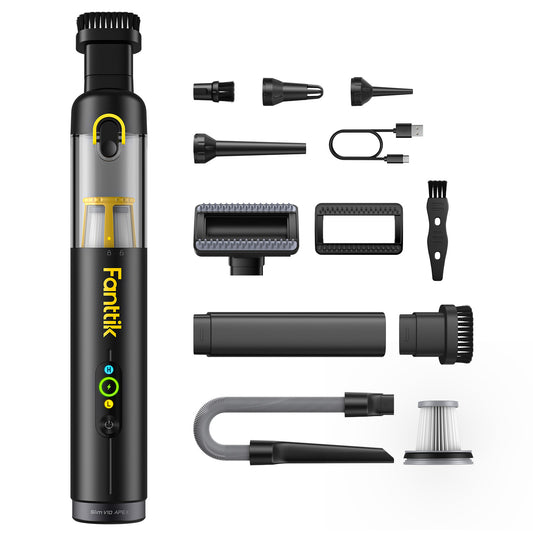 Fanttik multi-functional car vacuum with various attachments on a white background