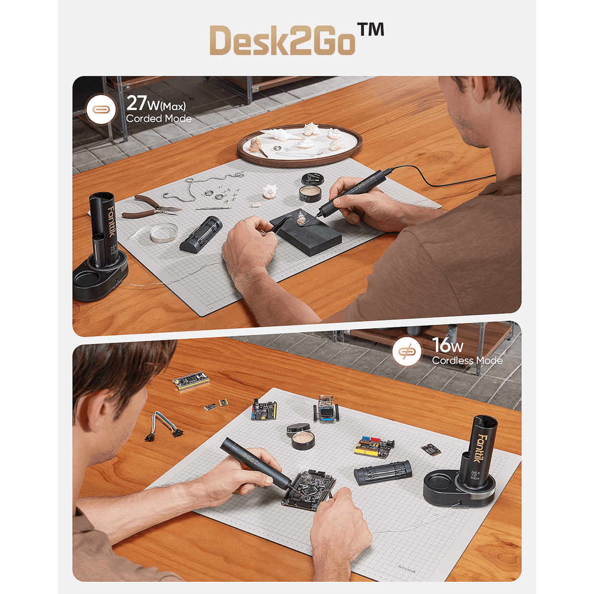 A promotional comparison graphic for the Desk2Go soldering station, showing two panels of a man using the device on a wooden workbench. The top panel shows a 27W corded mode, and the bottom panel shows a 16W cordless mode.