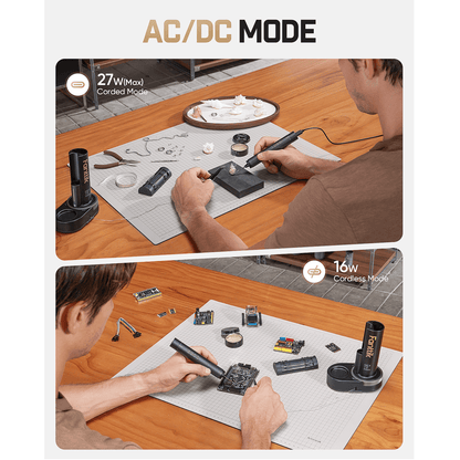 A promotional comparison graphic for a soldering iron showing two usage scenes labeled 'AC/DC MODE' with power ratings 27W Max corded mode and 16W cordless mode. The top panel shows a man soldering on a wooden workbench with tools and components on a gray mat.