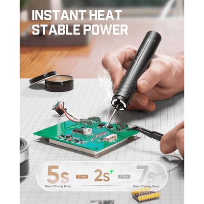 Fanttik handheld soldering tool being used by a person on a green circuit board, with text reading 'INSTANT HEAT STABLE POWER' and performance callouts below.