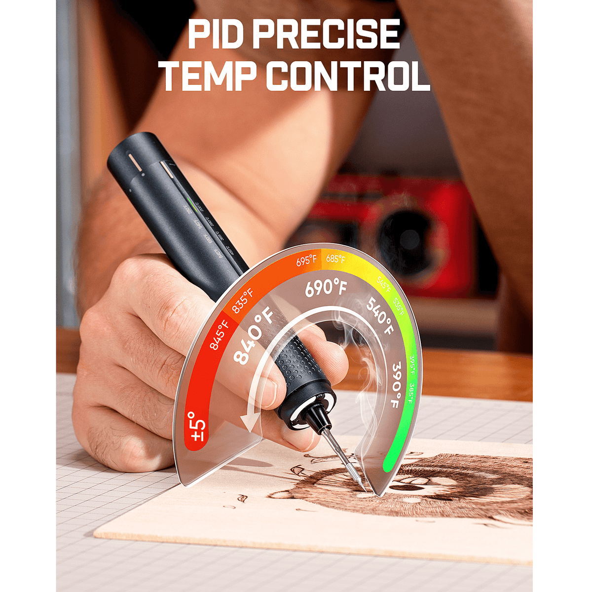 A hand holds Fanttik T2 Max Soldering Iron over a piece of wood, with a transparent temperature arc overlay showing heat settings from red to green. Large text at the top reads 'PID PRECISE TEMP CONTROL.
