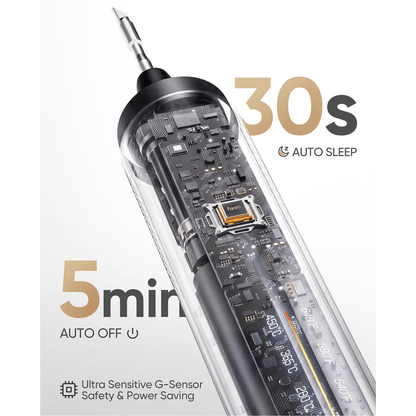 A Fanttik T2 Max Soldering Iron with a black internal circuit board and visible electronic components, shown on a white background with marketing text reading '30s AUTO SLEEP', '5min AUTO OFF', and 'Ultra Sensitive G-Sensor Safety & Power Saving'.