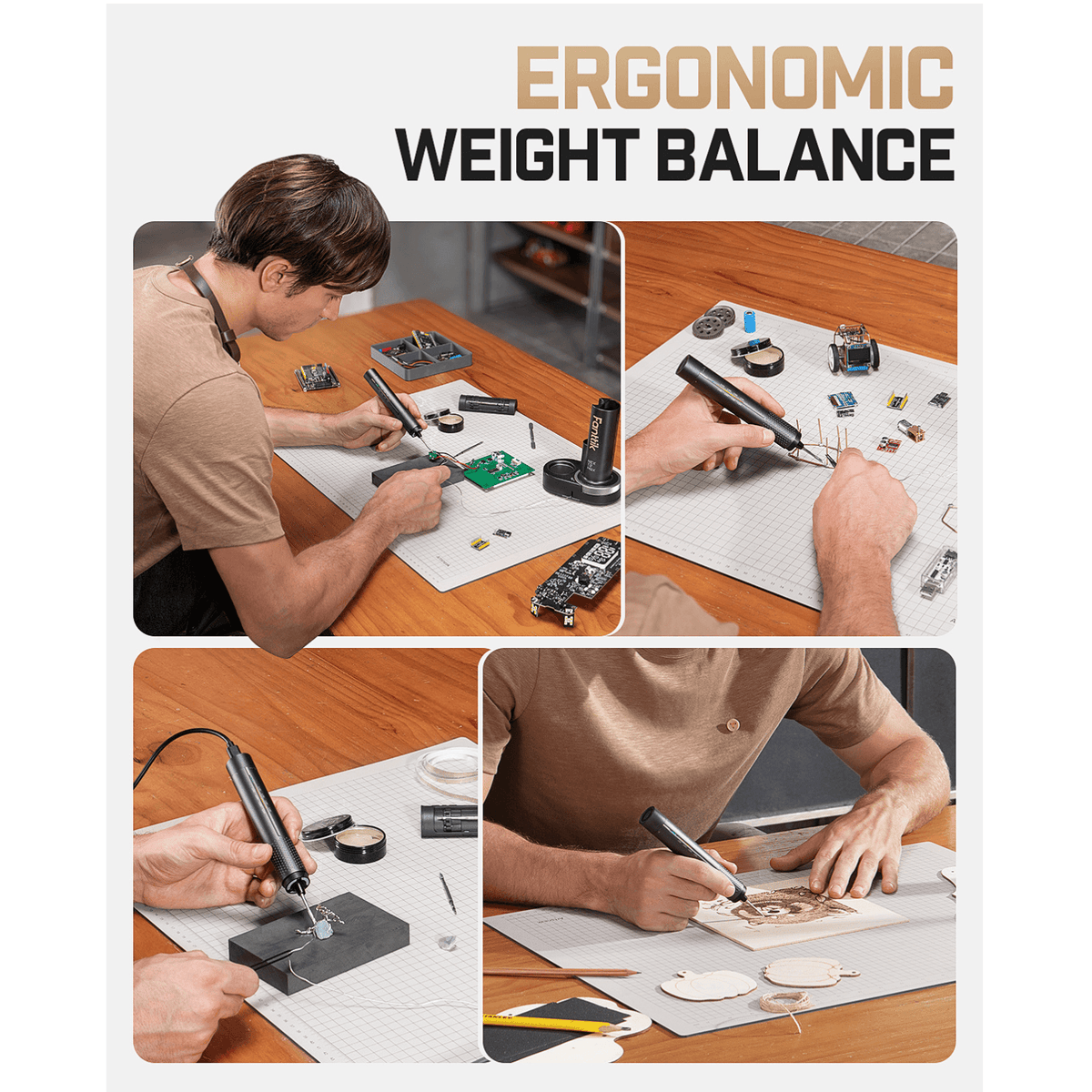 Promotional collage for an ergonomic weight-balanced soldering pen. The top text reads 'ERGONOMIC WEIGHT BALANCE.