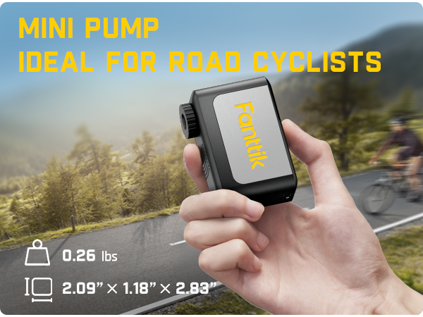 Hand holding a Fanttik X10 Ace Mini Bike Pump, ideal for road cyclists, on a blurred background of a cyclist on a road.