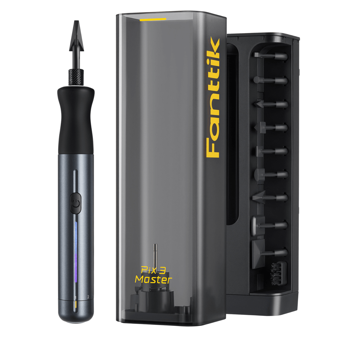 A Fanttik Pix 3 Master Electric Detail Sander shown alongside its tall gray and black charging case and a set of interchangeable bits. The Electric Detail Sander has a black and gray body with a vertical LED light, and the case features the 'Fanttik' brand name in yellow.