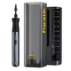 A Fanttik Pix 3 Master Electric Detail Sander shown alongside its tall gray and black charging case and a set of interchangeable bits. The Electric Detail Sander has a black and gray body with a vertical LED light, and the case features the 'Fanttik' brand name in yellow.