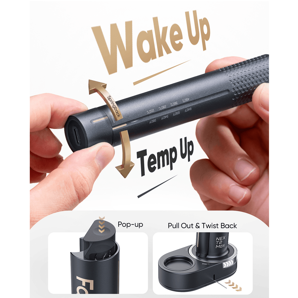 A close-up of hands holding Fanttik T2 Max Soldering Iron with text overlays explaining wake-up and temperature-up features, plus two small inset diagrams at the bottom showing pop-up and pull-out/twist-back use.