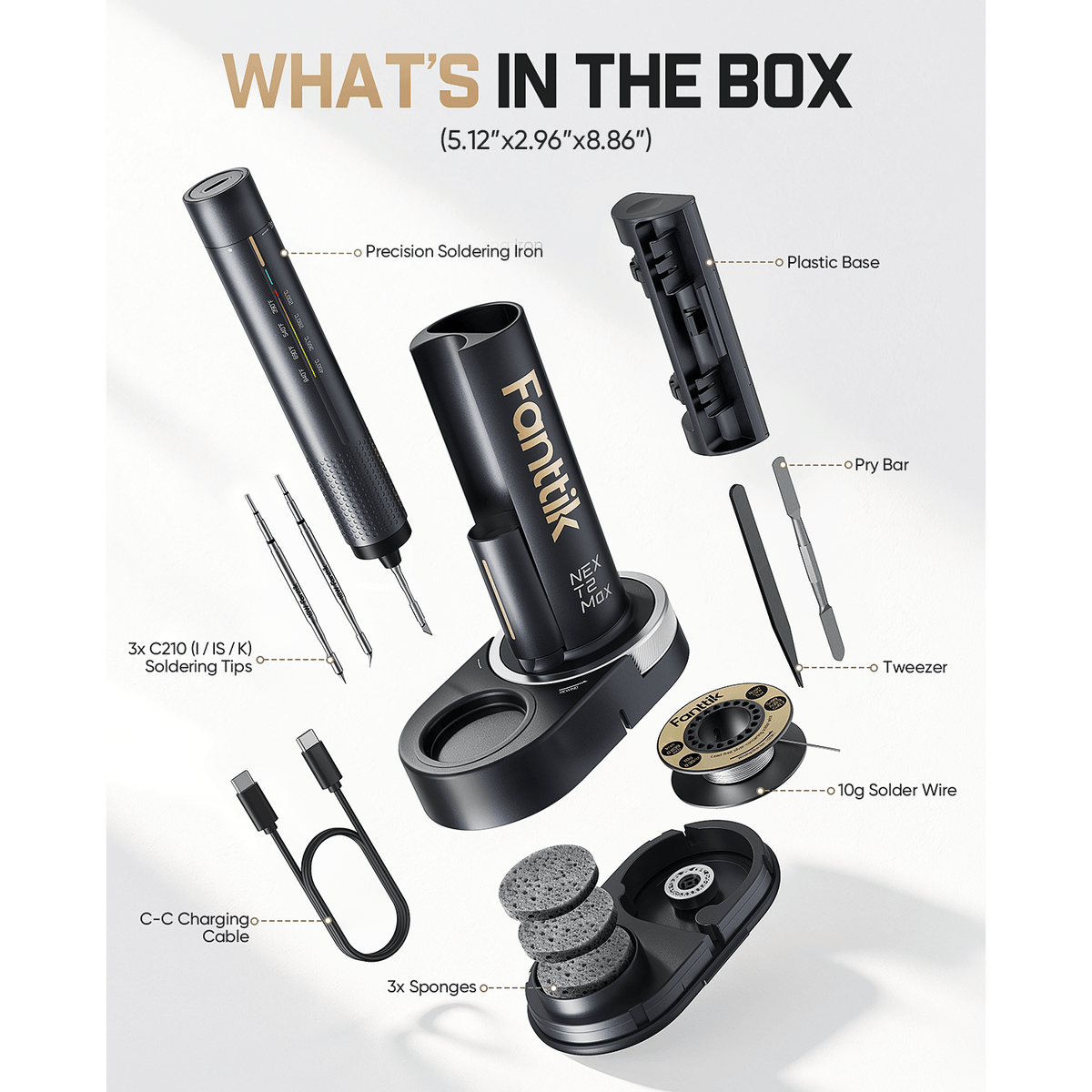 A product box contents layout for a Fanitk soldering iron kit, showing the soldering iron, plastic base, Pry Bar, Tweezers, C-C Charging Cable, 3x Sponges, and 10g Solder Wire with labeled callouts on a white background.