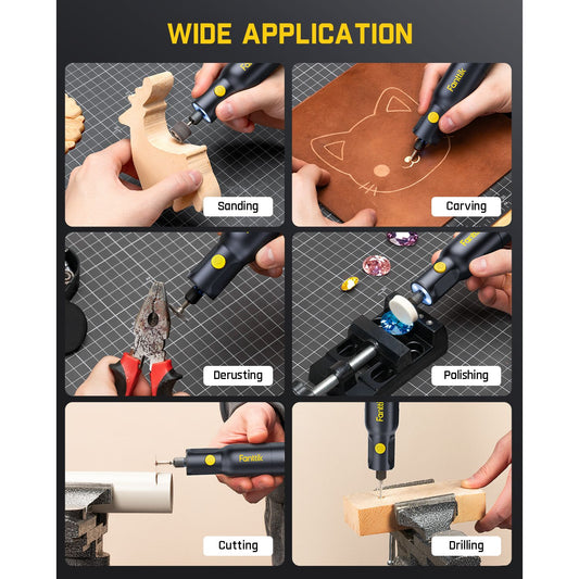 Demonstration of a rotary tool's versatility in various applications on a grid layout.