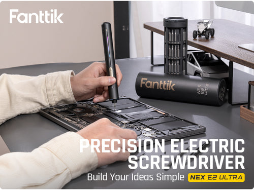 Person using a precision electric screwdriver on a project with 'Fanttik' branding.