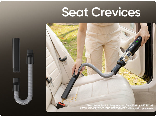 Fanttik Slim V10 Ultra vacuum cleaner shown being used inside a beige car seat, with a person holding the handheld attachment. The left side shows two included nozzle attachments on a dark gradient background, and the title 'Seat Crevices' appears at the top.