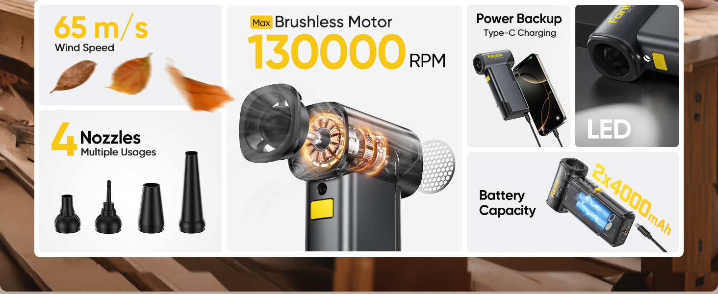 Fanttik B10 Pro Max Electric Air Duster advertisement for a high-performance tool with various features highlighted.