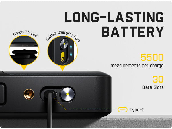 Fanttik A10 Pro 2-in-1 Laser Distance Meter with long-lasting battery features highlighted, including tripod thread, sealed charging port, 5500 measurements per charge, 30 data slots, and Type-C connection.