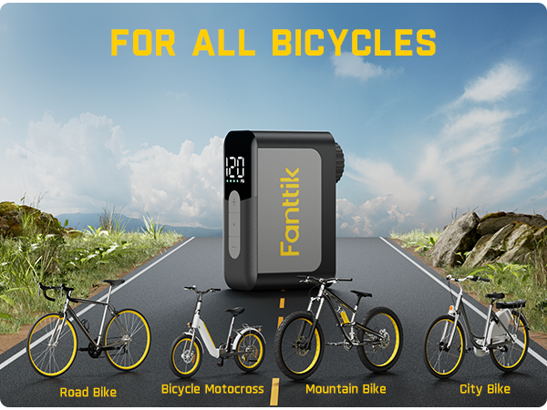 Fanttik X10 Ace Mini Bike Pump on a road with bicycles below, indicating compatibility with various bike types.