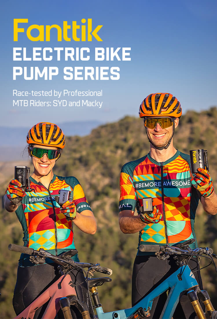 Two mountain bikers in colorful jerseys holding Fanttik electric bike pumps with a scenic background.